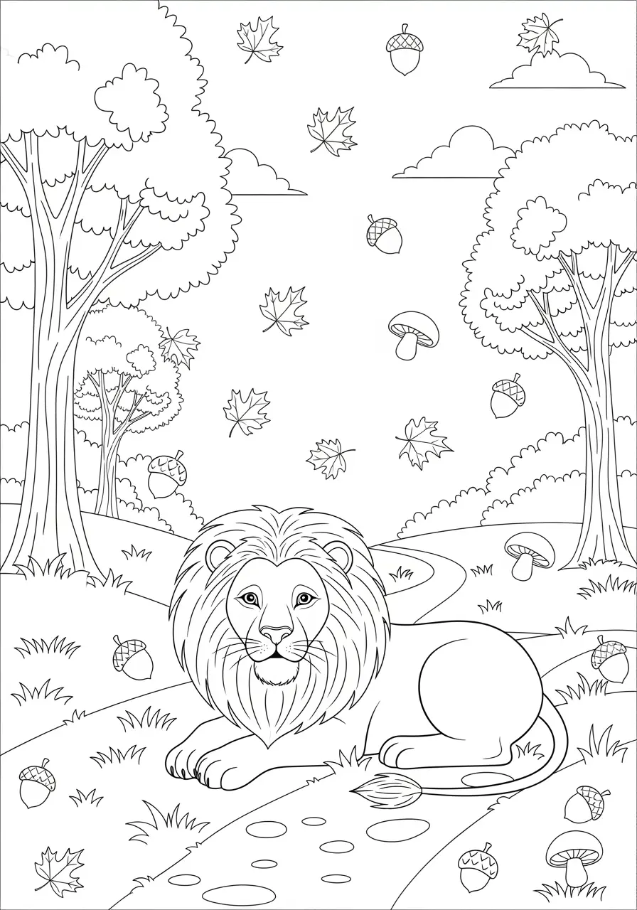 Lion in Autumn Forest Coloring Page