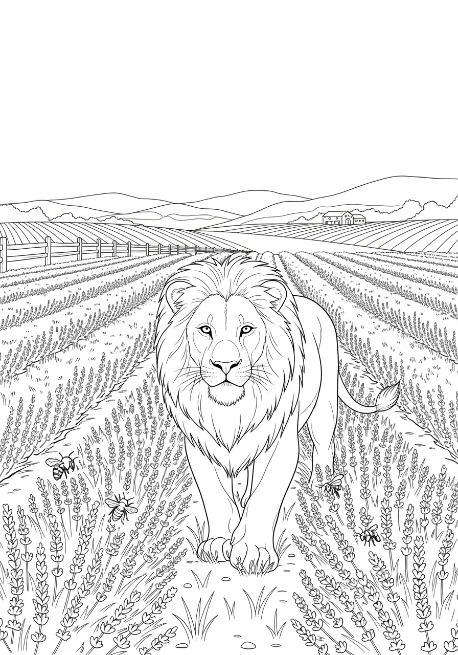 Lion in Lavender Field Coloring Page