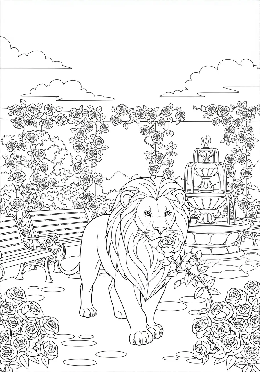 Lion in Rose Garden Coloring Page
