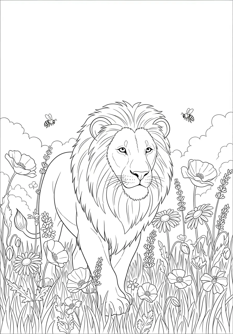 Lion in Wildflower Meadow Coloring Page