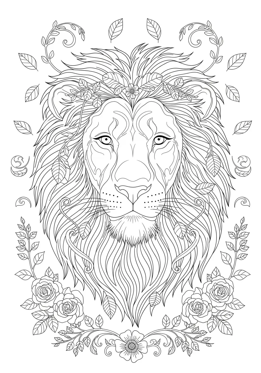 Lion Portrait with Botanical Frame Coloring Page