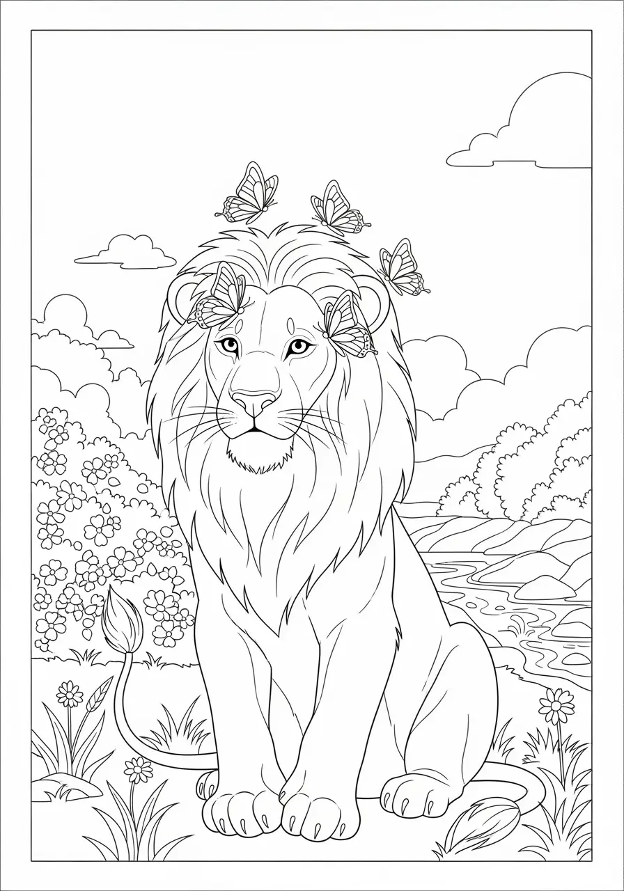 Lion with Butterfly Friends Coloring Page