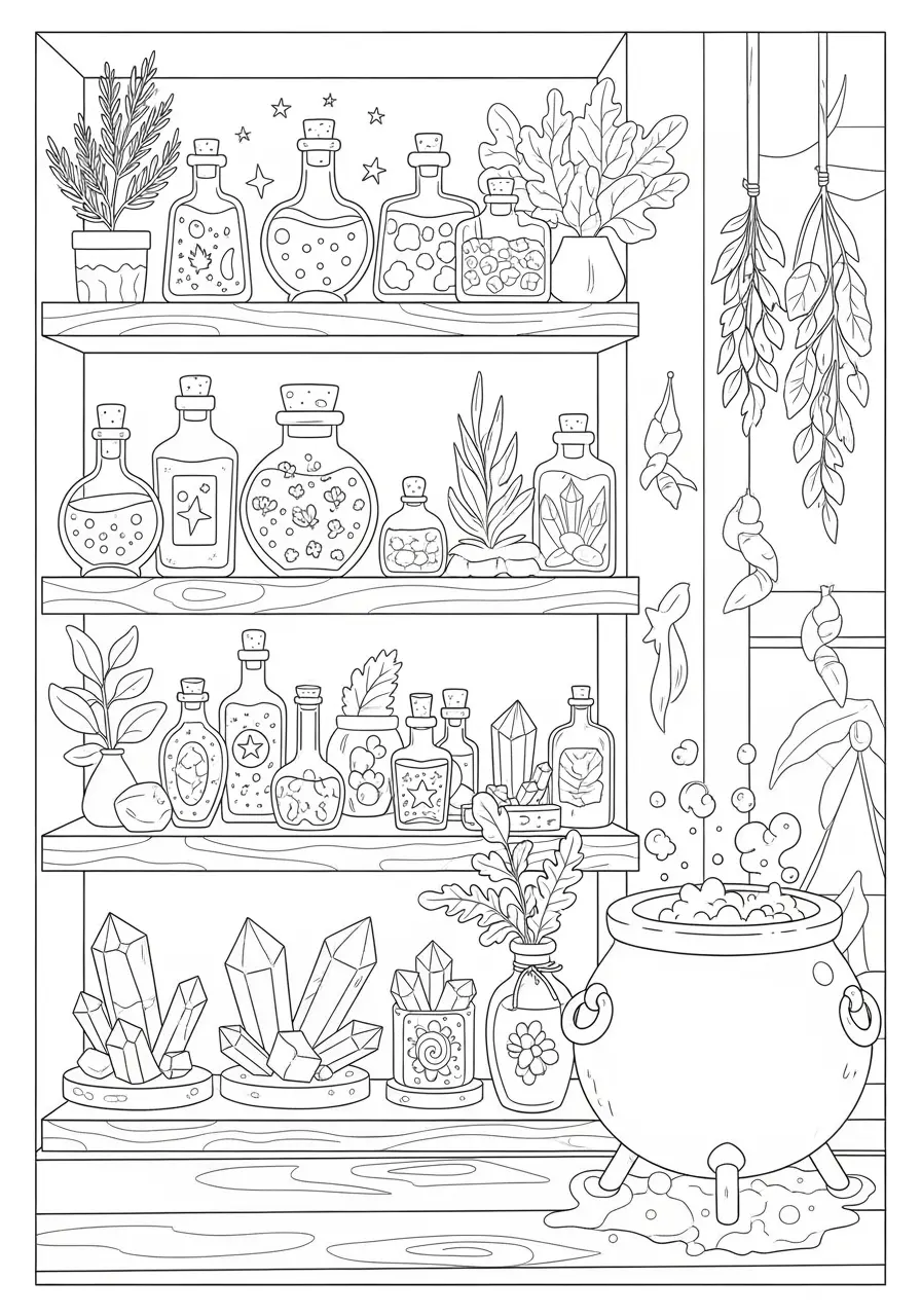 Magical Apothecary Dark Fantasy Coloring Page