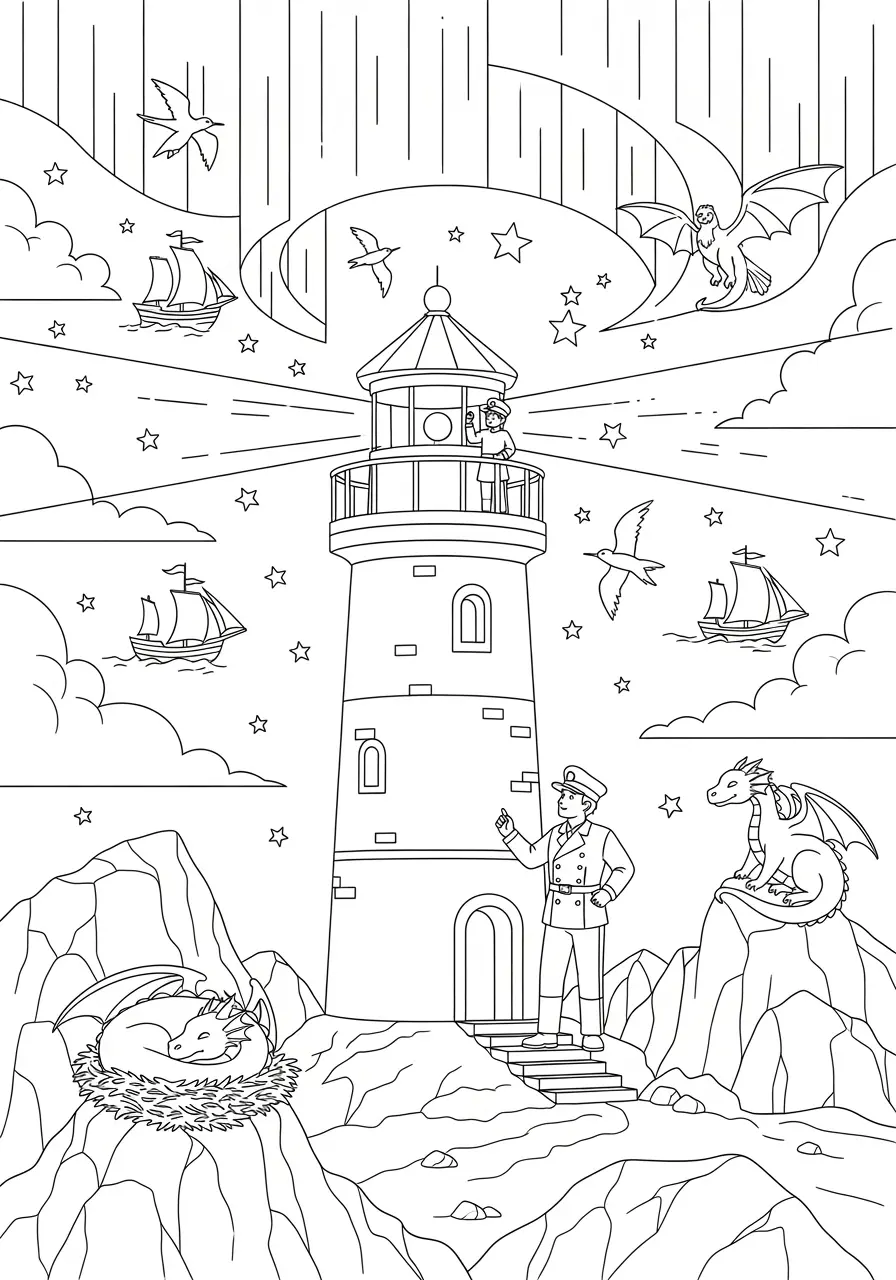 Magical Lighthouse Fantasy Coloring Page