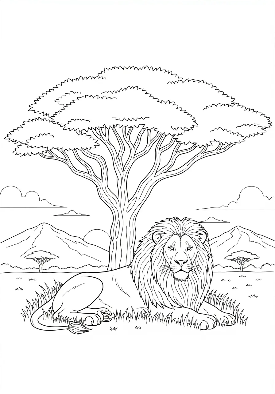 Majestic Lion Coloring Page Under Acacia Tree