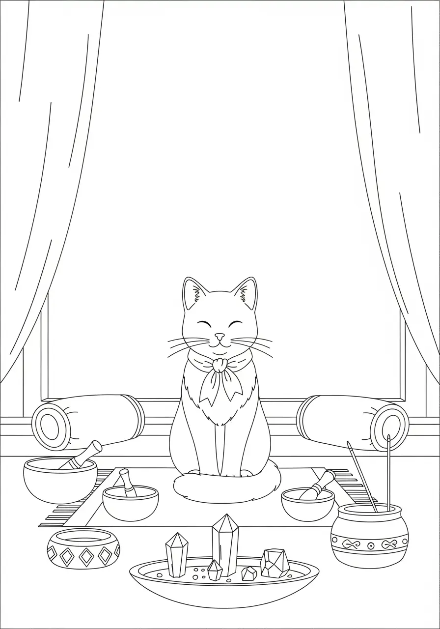 Meditation Space Cat Coloring Page For Adults
