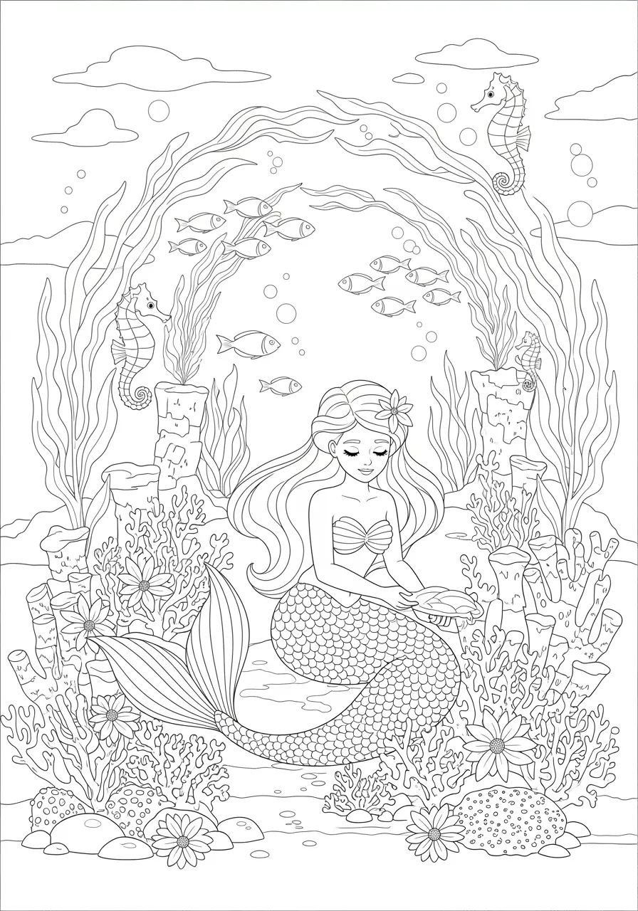 Mermaid Garden Ocean Coloring Page