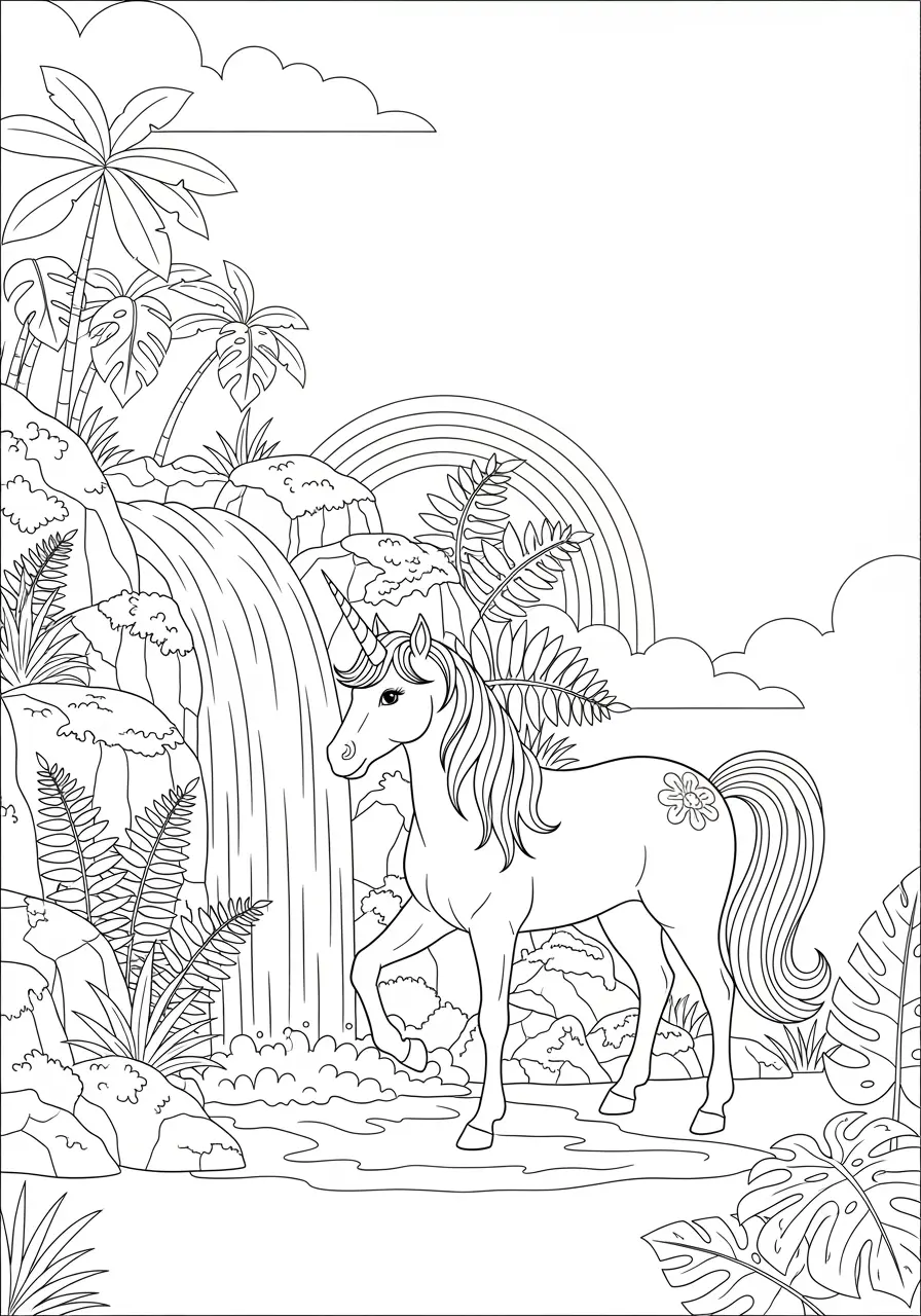 Misty Waterfall Unicorn Coloring Page