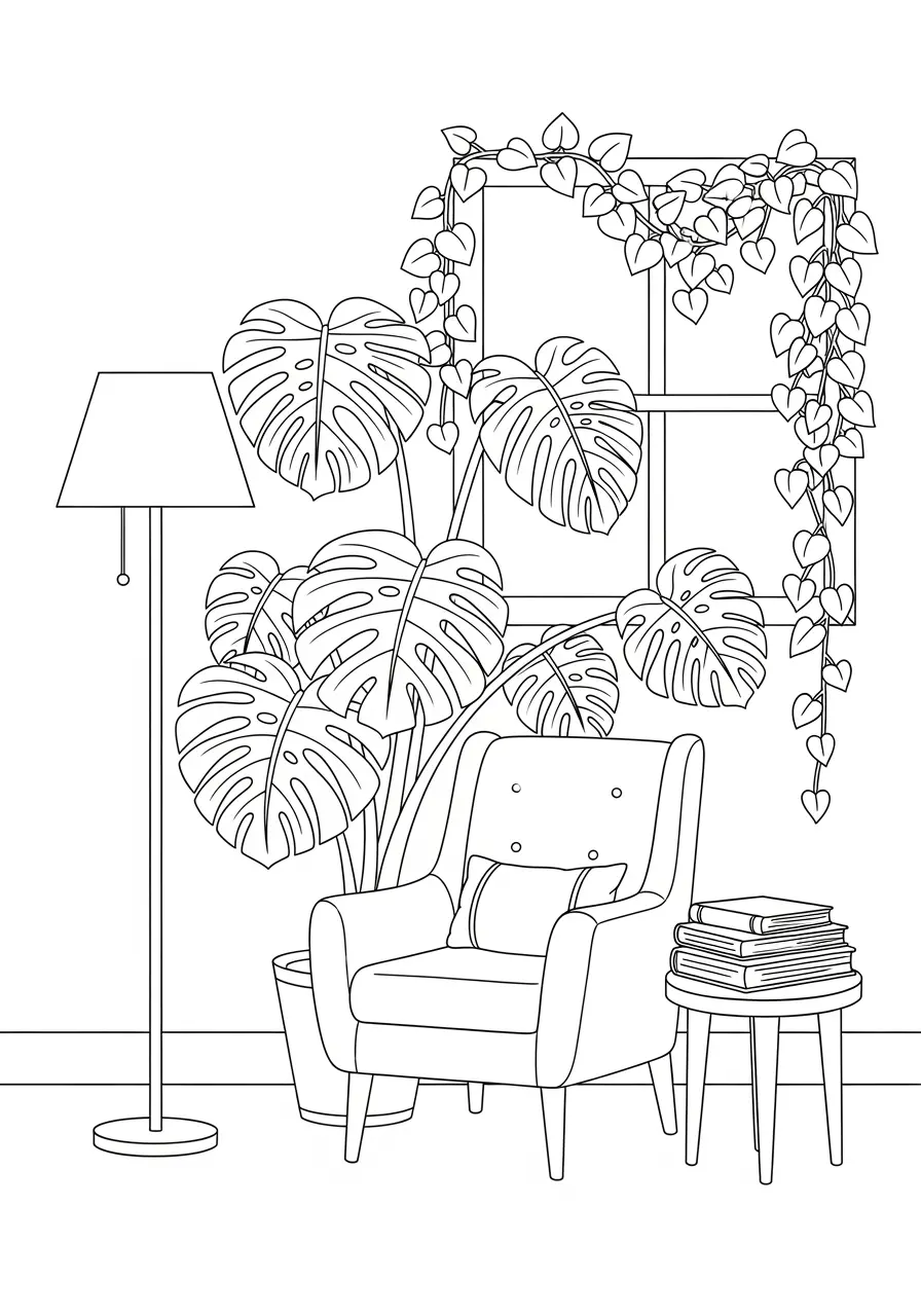 Monstera Plant Coloring Page for Adults