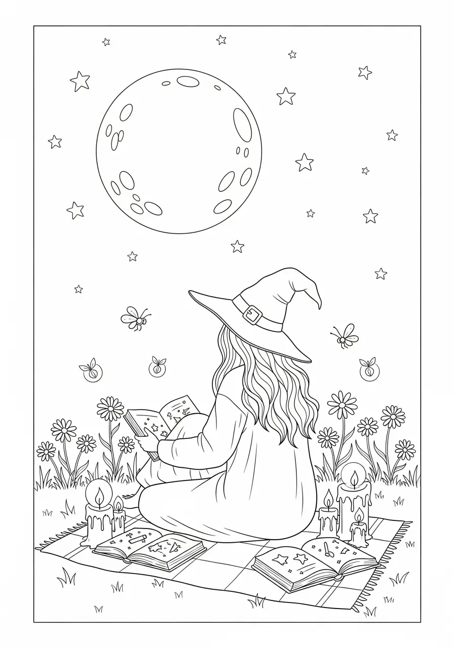 Moon Gazing Witch Coloring Page
