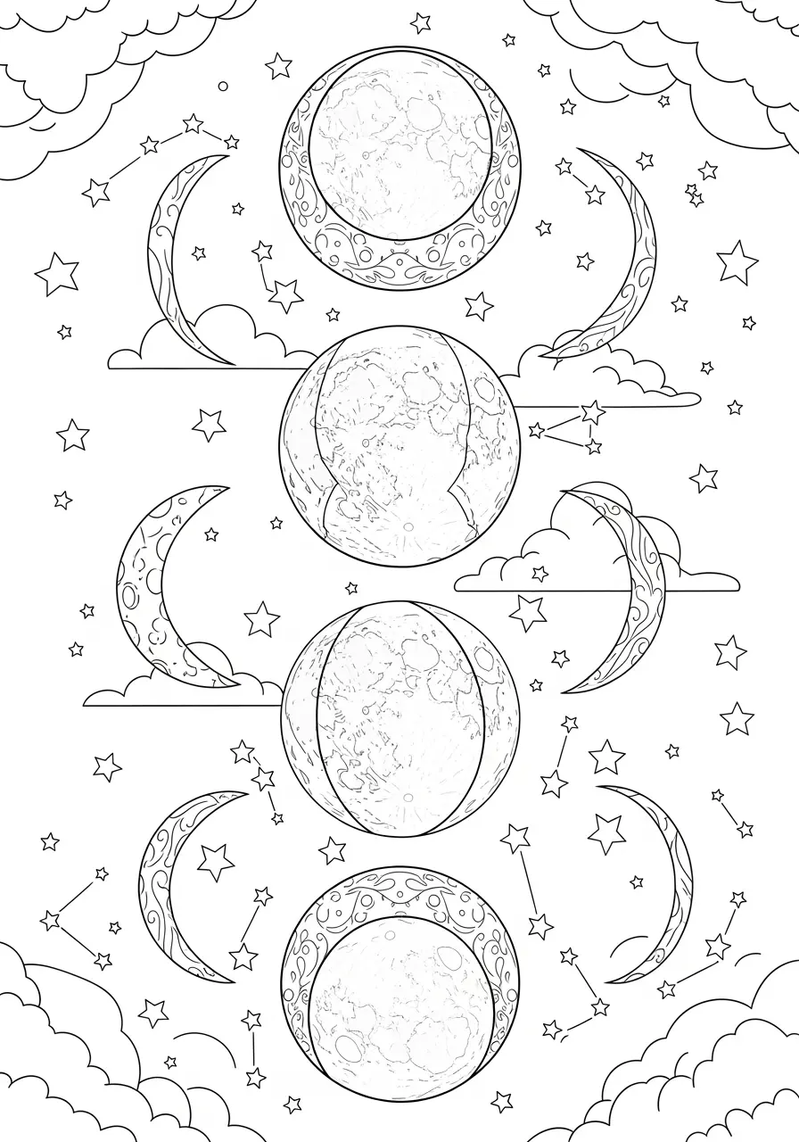 Moon Phases Celestial Tattoo Coloring Page