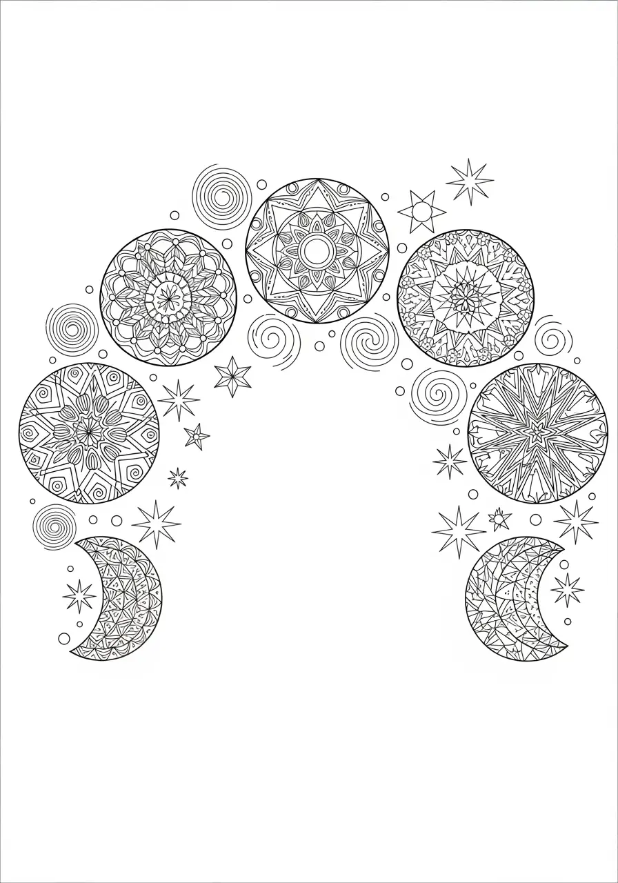 Moon Phases Zentangle Coloring Page