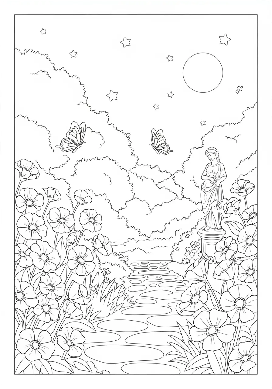 Moonlight Butterfly Garden Coloring Page