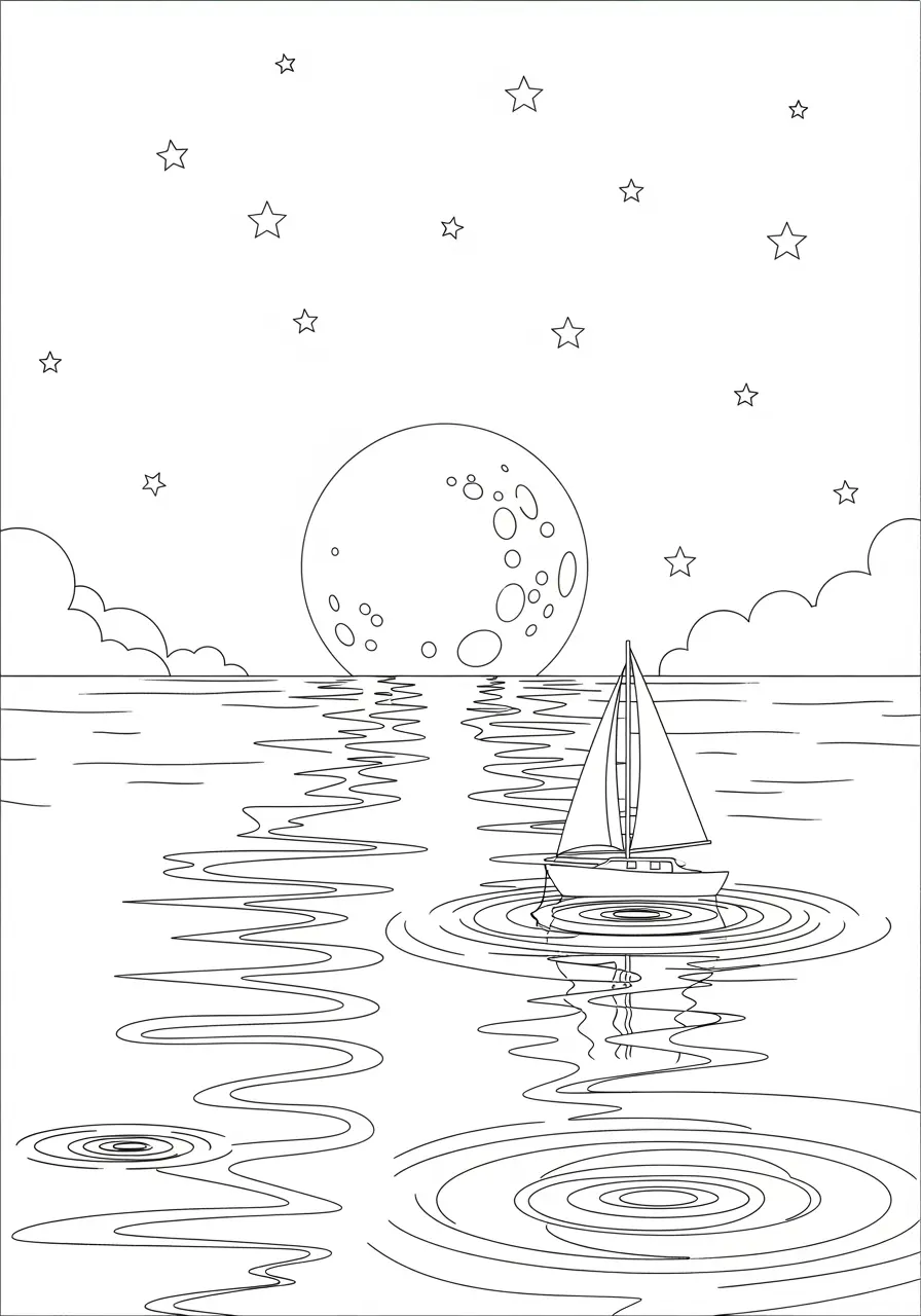 Moonlight Ocean Coloring Page