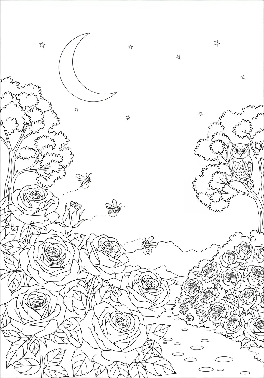 Moonlight Rose Garden Coloring Page
