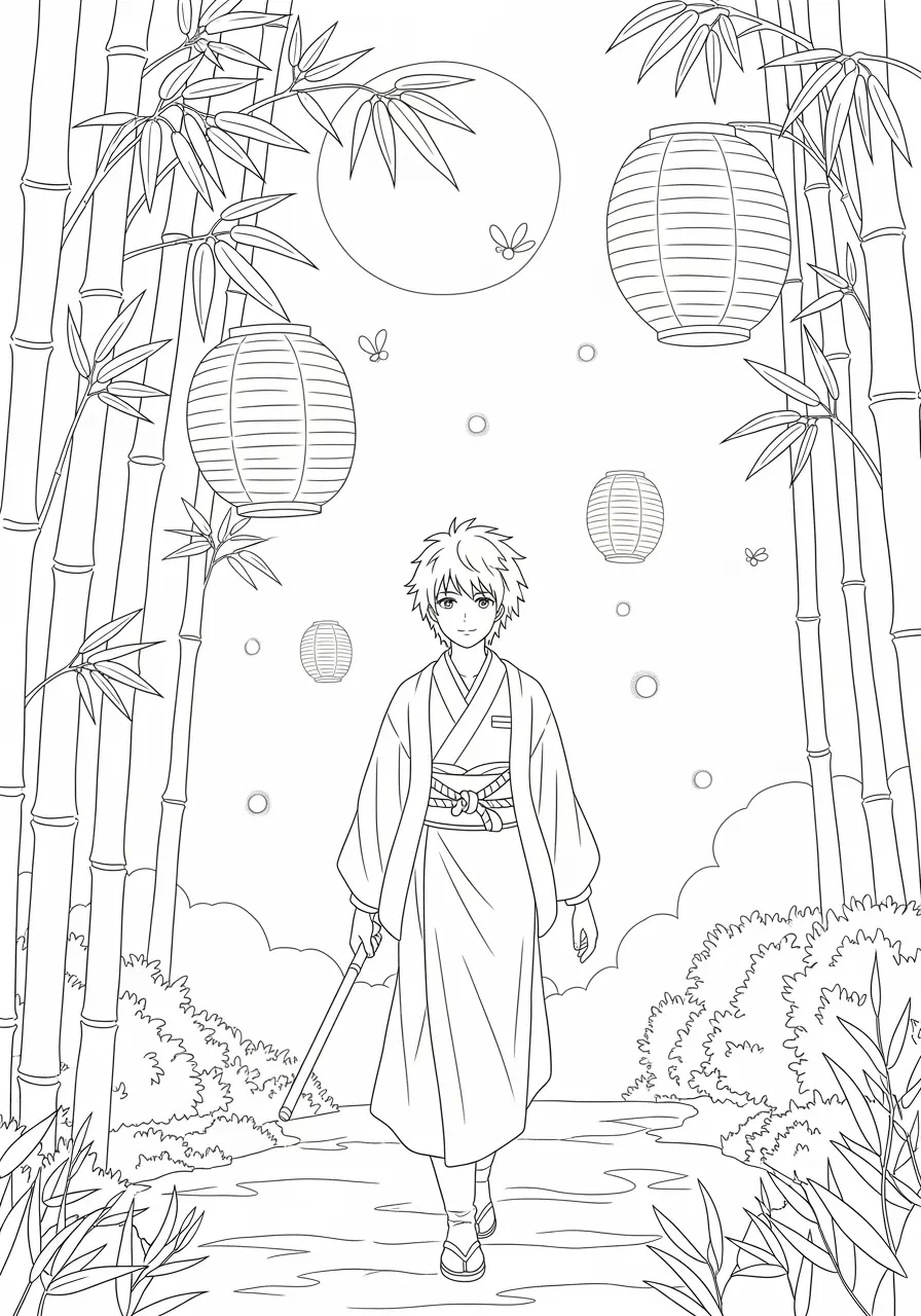 Moonlit Bamboo Grove Anime Coloring Page