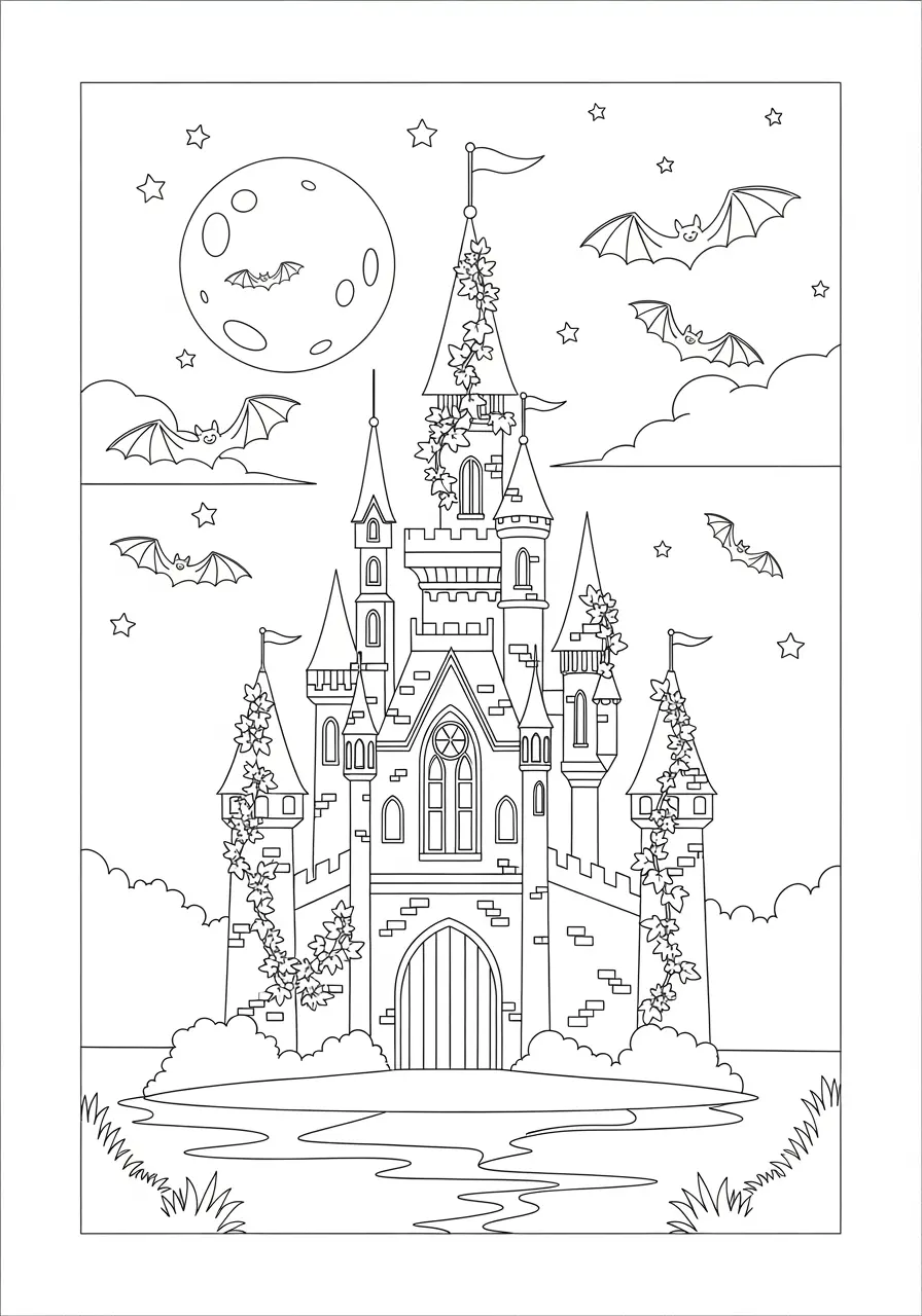 Moonlit Castle Dark Fantasy Coloring Page