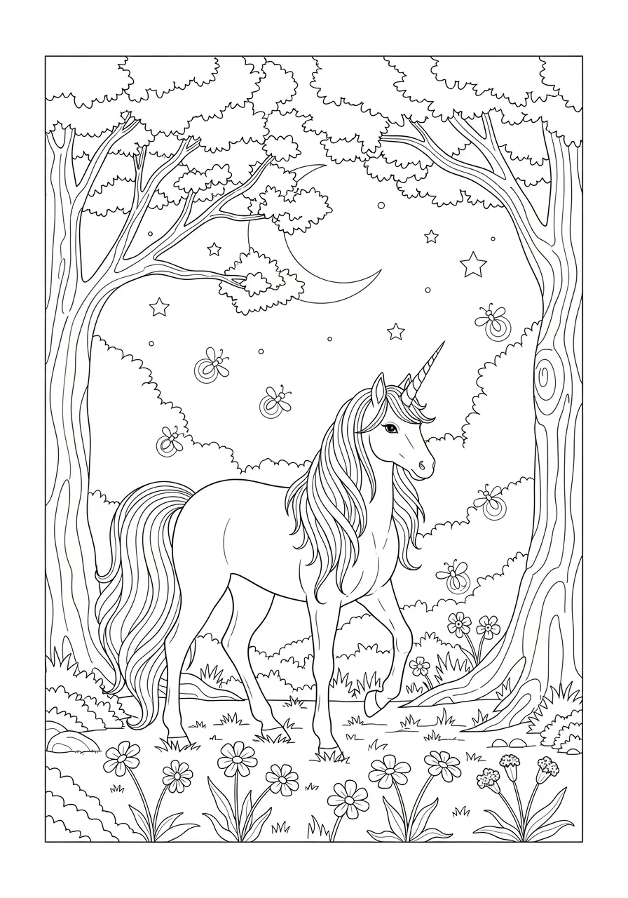 Moonlit Forest Unicorn Coloring Page