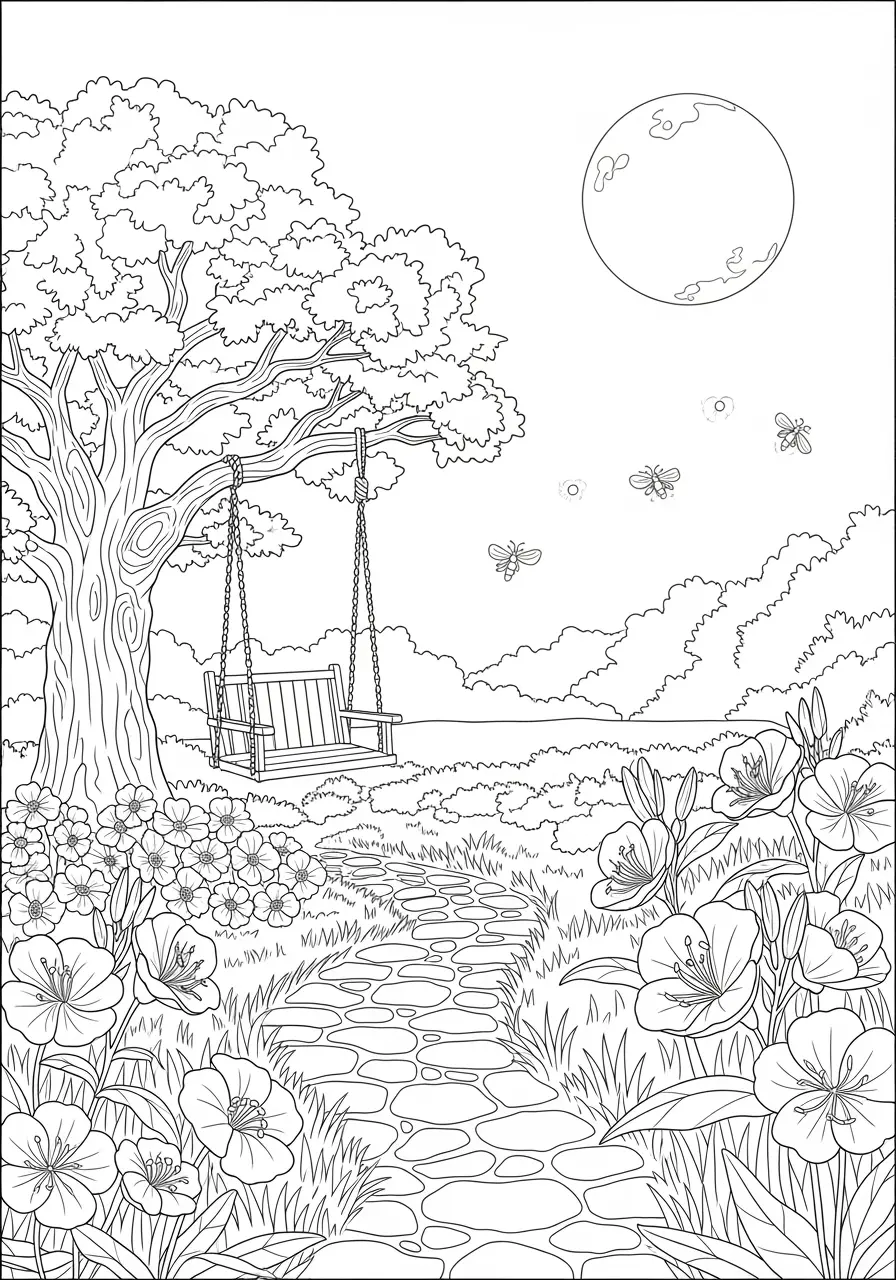 Moonlit Garden Calming Coloring Page