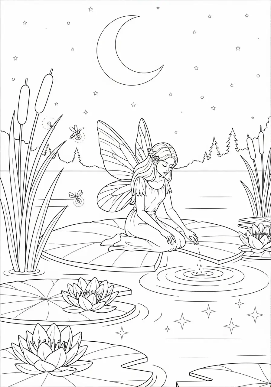 Moonlit Pond Fairy Coloring Page