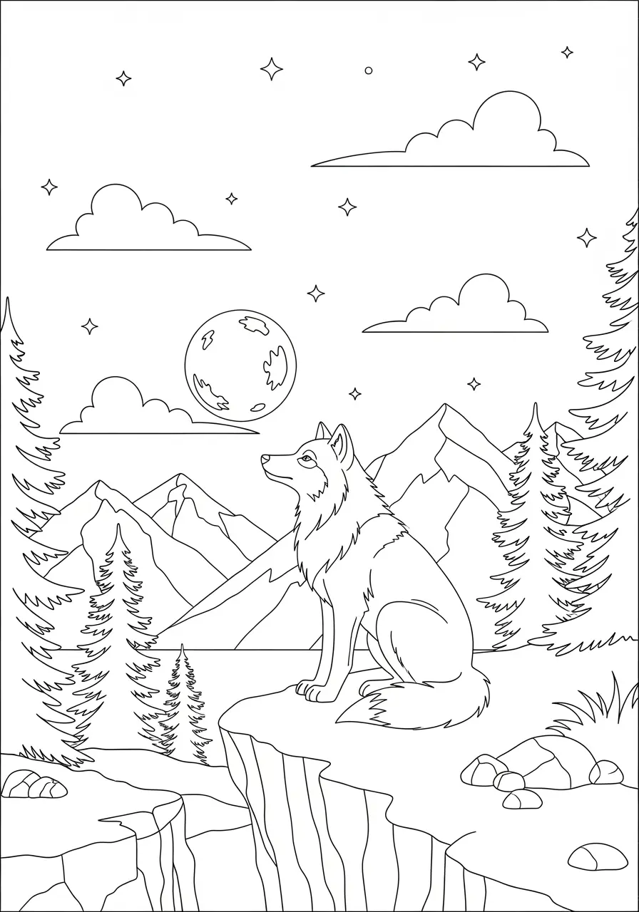 Moonlit Wolf Coloring Page