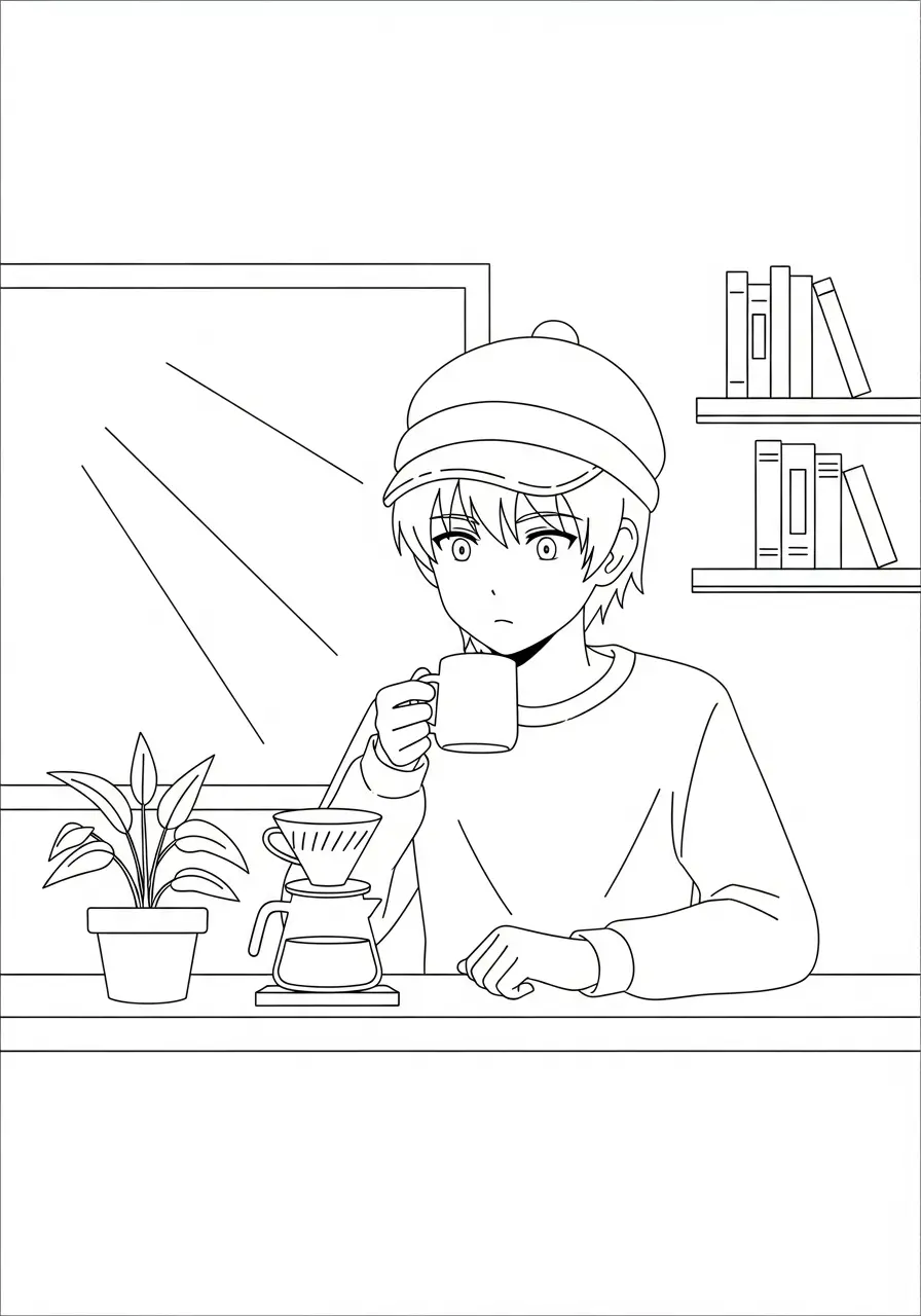 Morning Coffee Ritual Anime Coloring Page