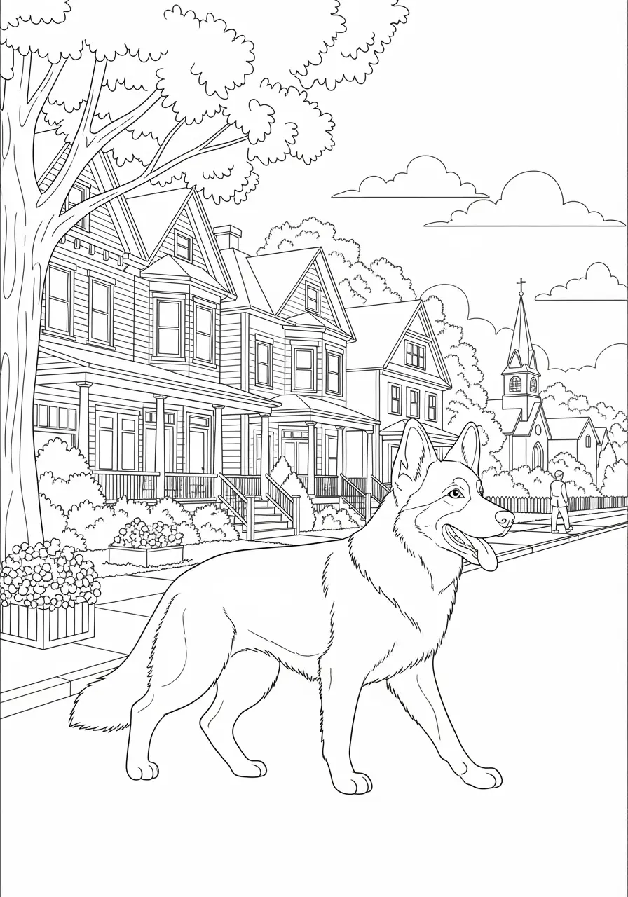 Morning Walk Dog Coloring Page Adults