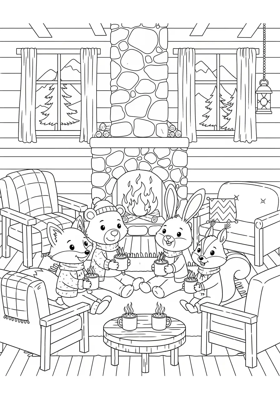 Mountain Cabin Cartoon Coloring Page