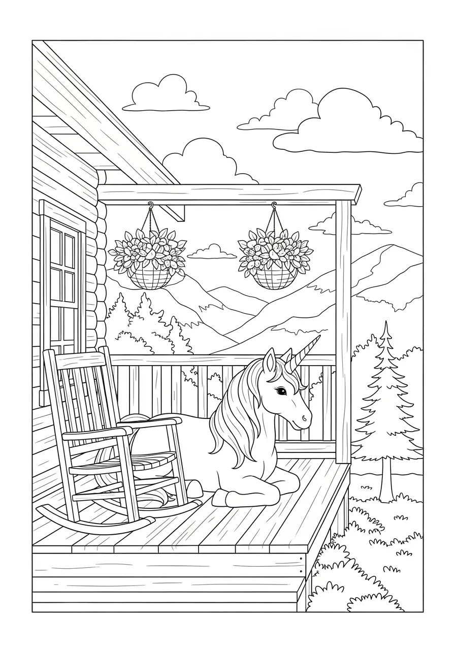 Mountain Cabin Unicorn Coloring Page