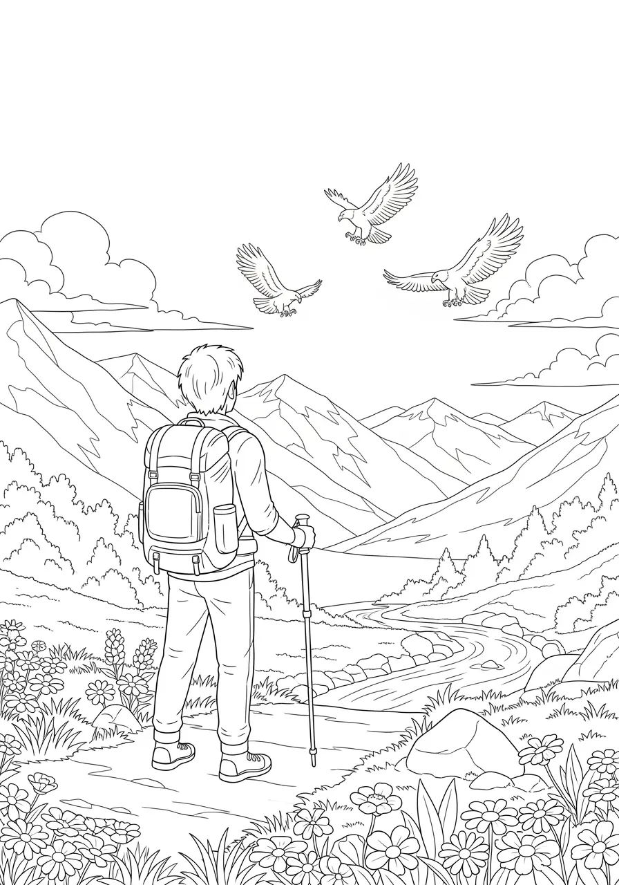 Mountain Hiking Trail Anime Coloring Page