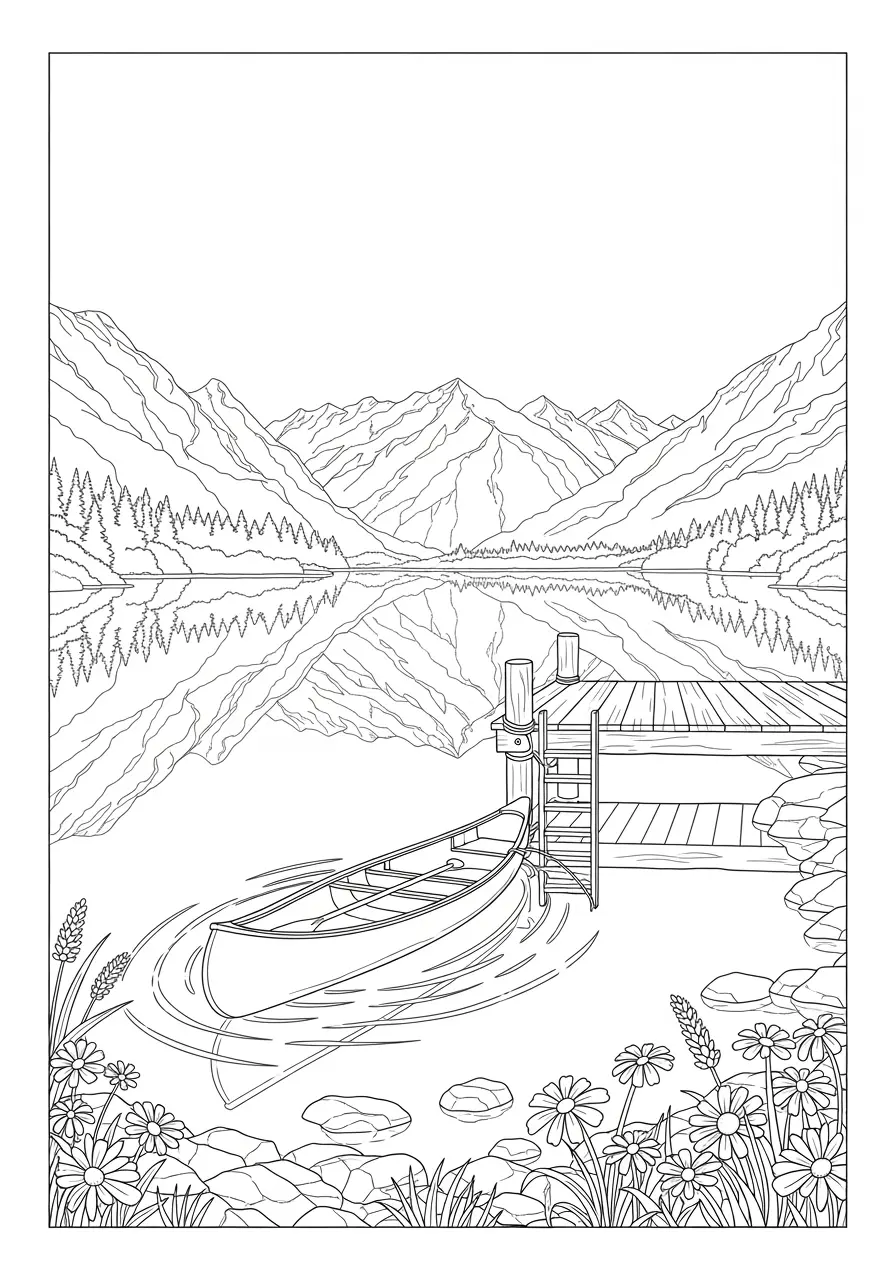 Mountain Lake Calming Coloring Page