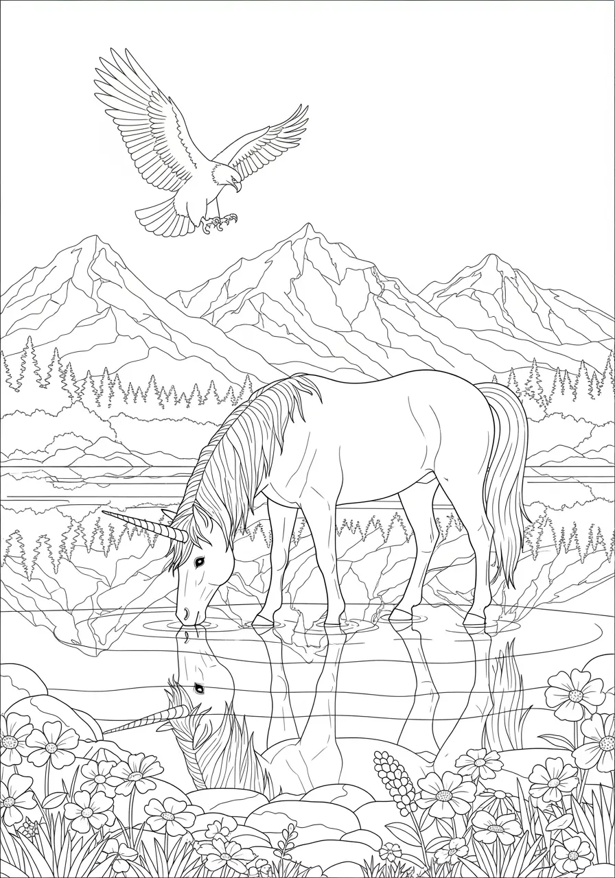 Mountain Lake Unicorn Coloring Page