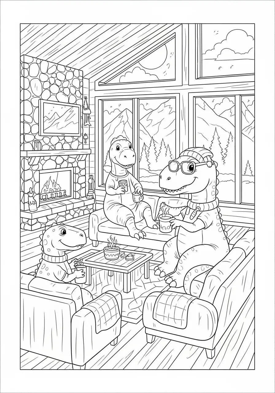 Mountain Lodge Dinosaur Coloring Page
