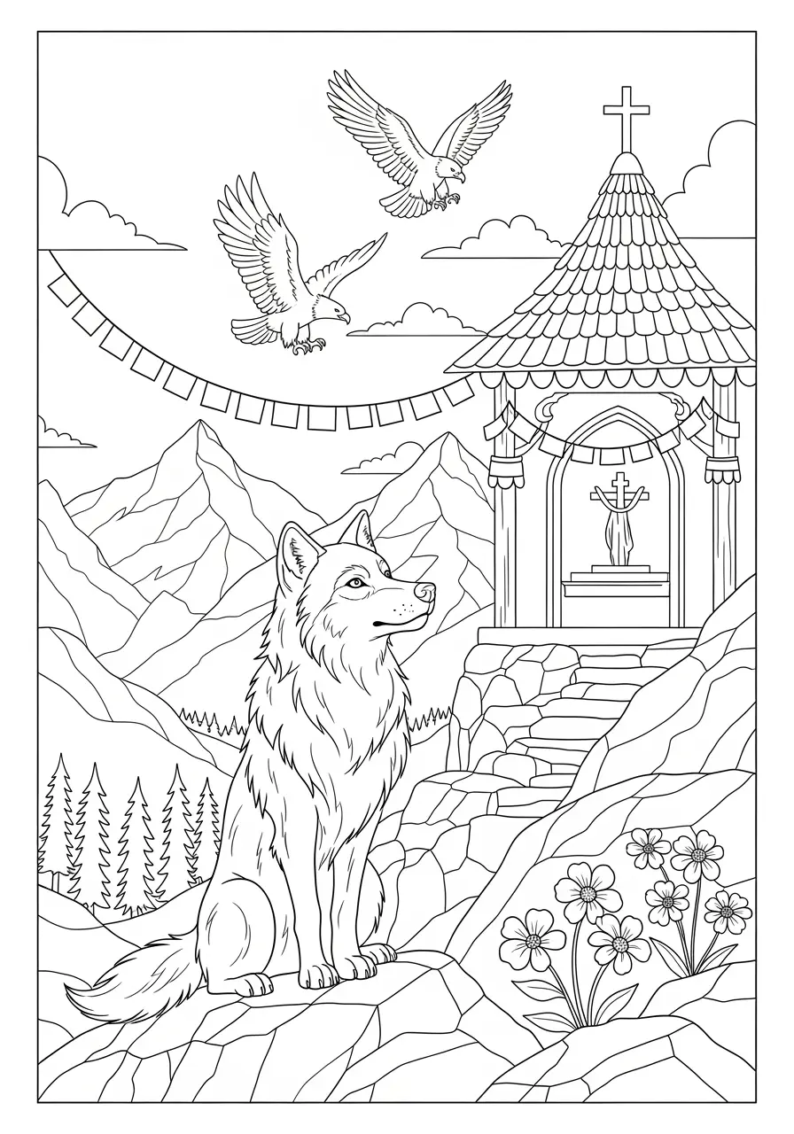 Mountain Wolf Sanctuary Coloring Page
