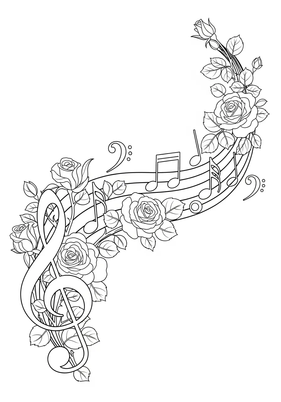 Musical Notes Rose Tattoo Coloring Page