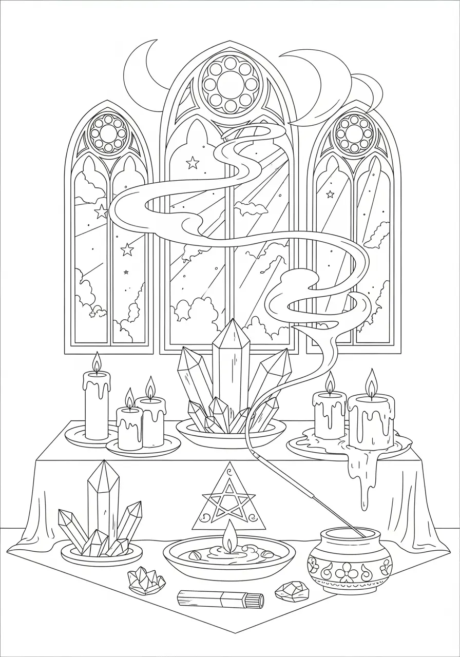 Mystic's Altar Dark Fantasy Coloring Page