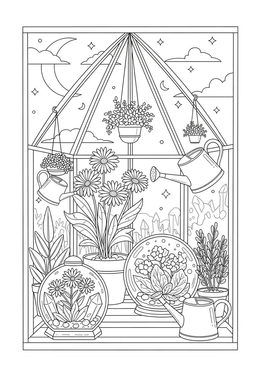 Mystical Greenhouse Dark Fantasy Coloring Page
