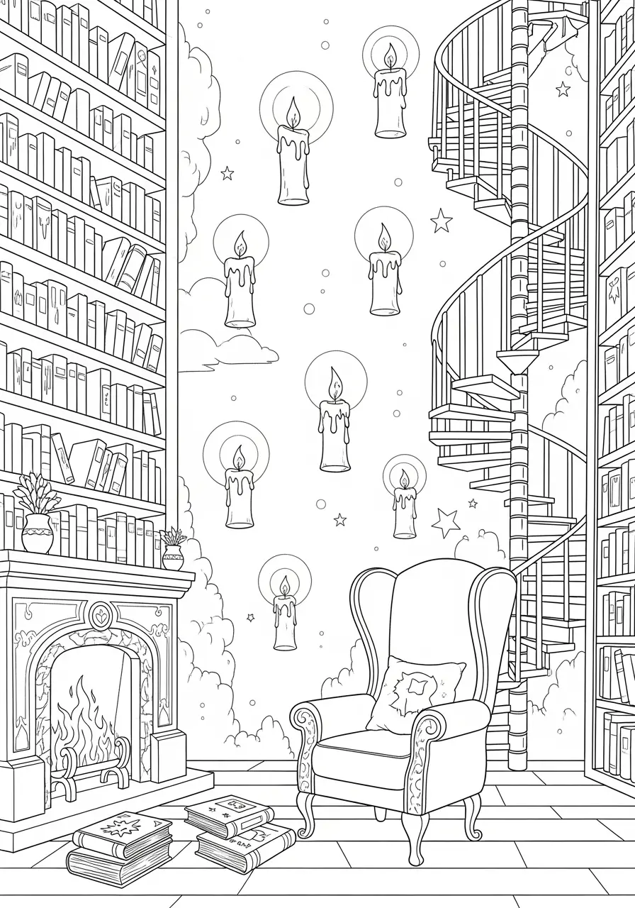 Mystical Library Dark Fantasy Coloring Page