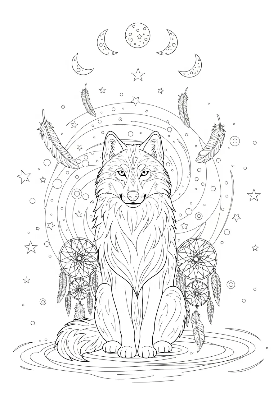 Mystical Wolf Spirit Coloring Page