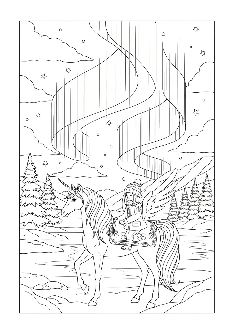 Northern Lights Unicorn Coloring Page