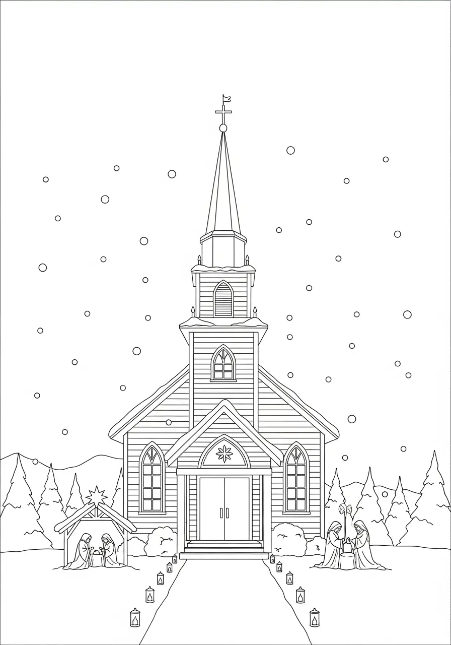 Peaceful Church Christmas Coloring Page