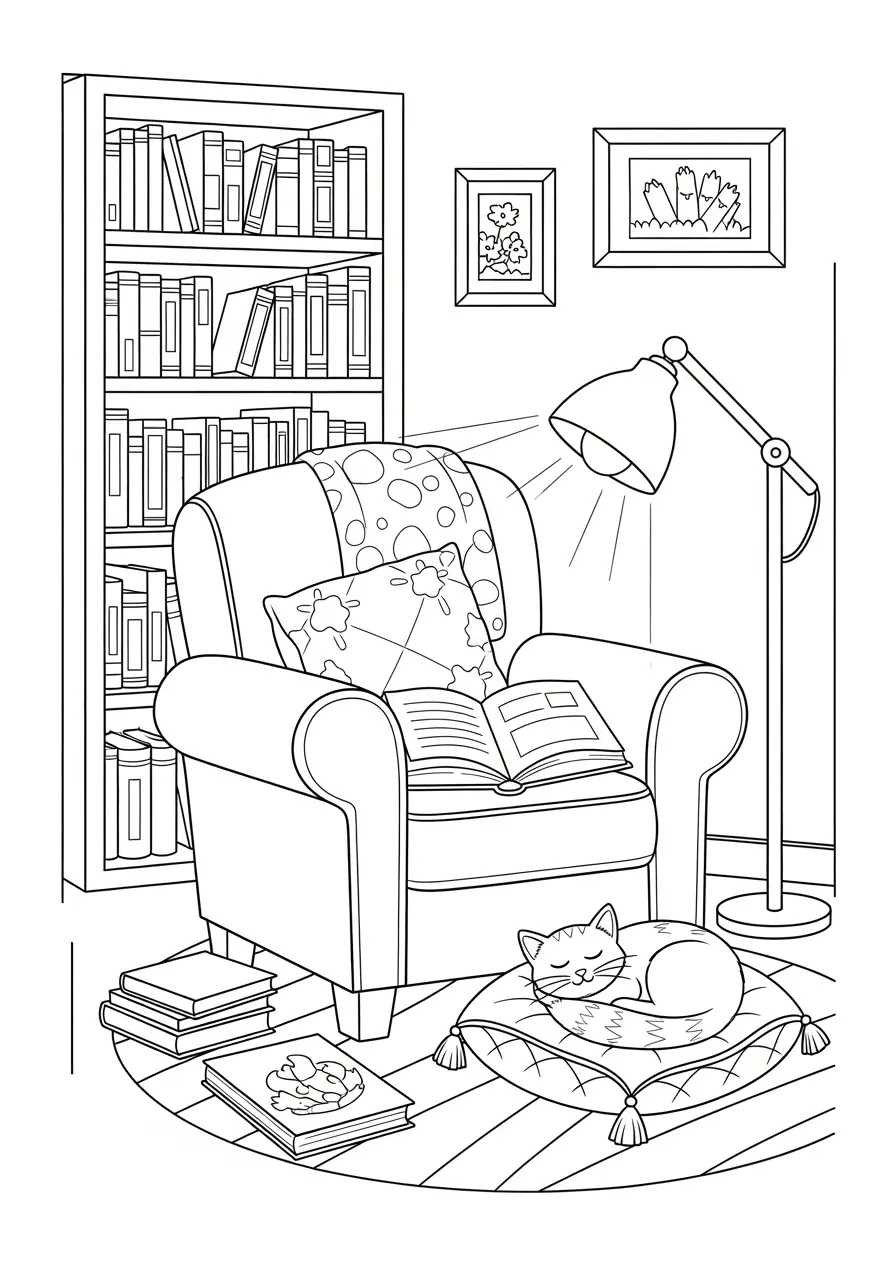 Peaceful Library Nook Coloring Page