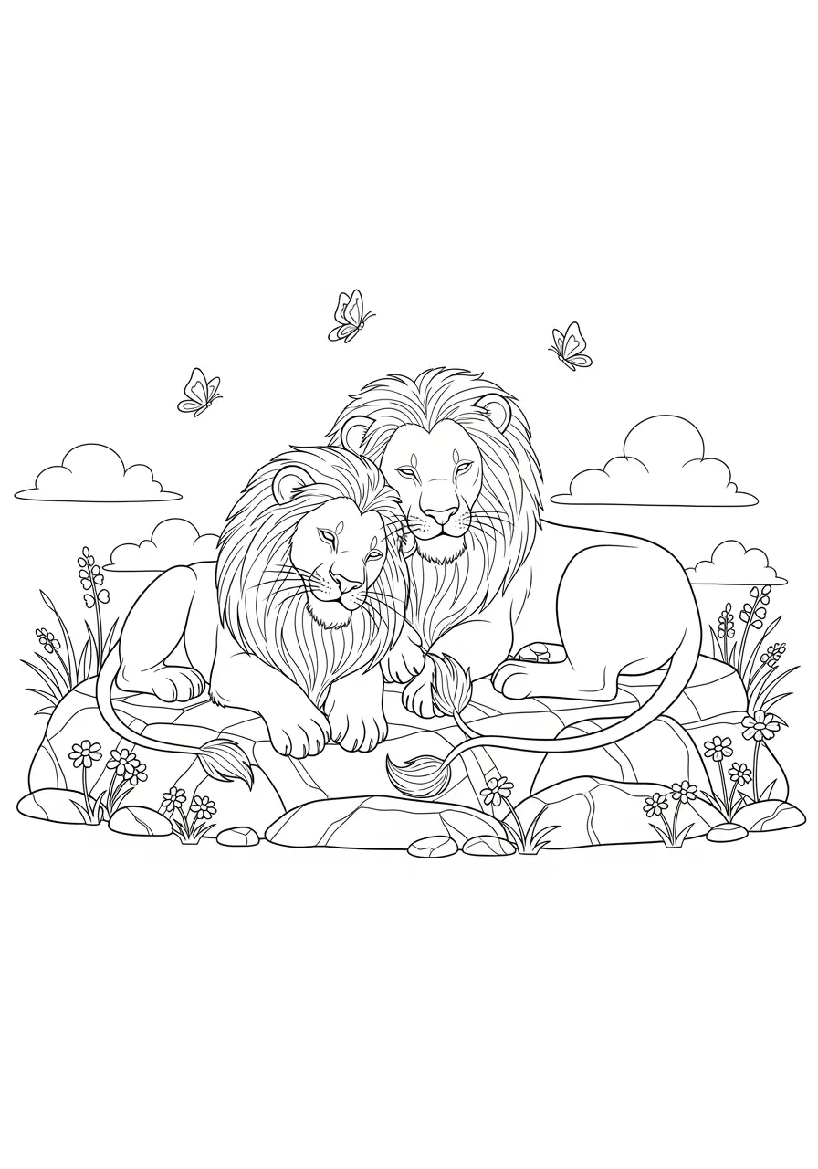 Peaceful Lion Family Coloring Page