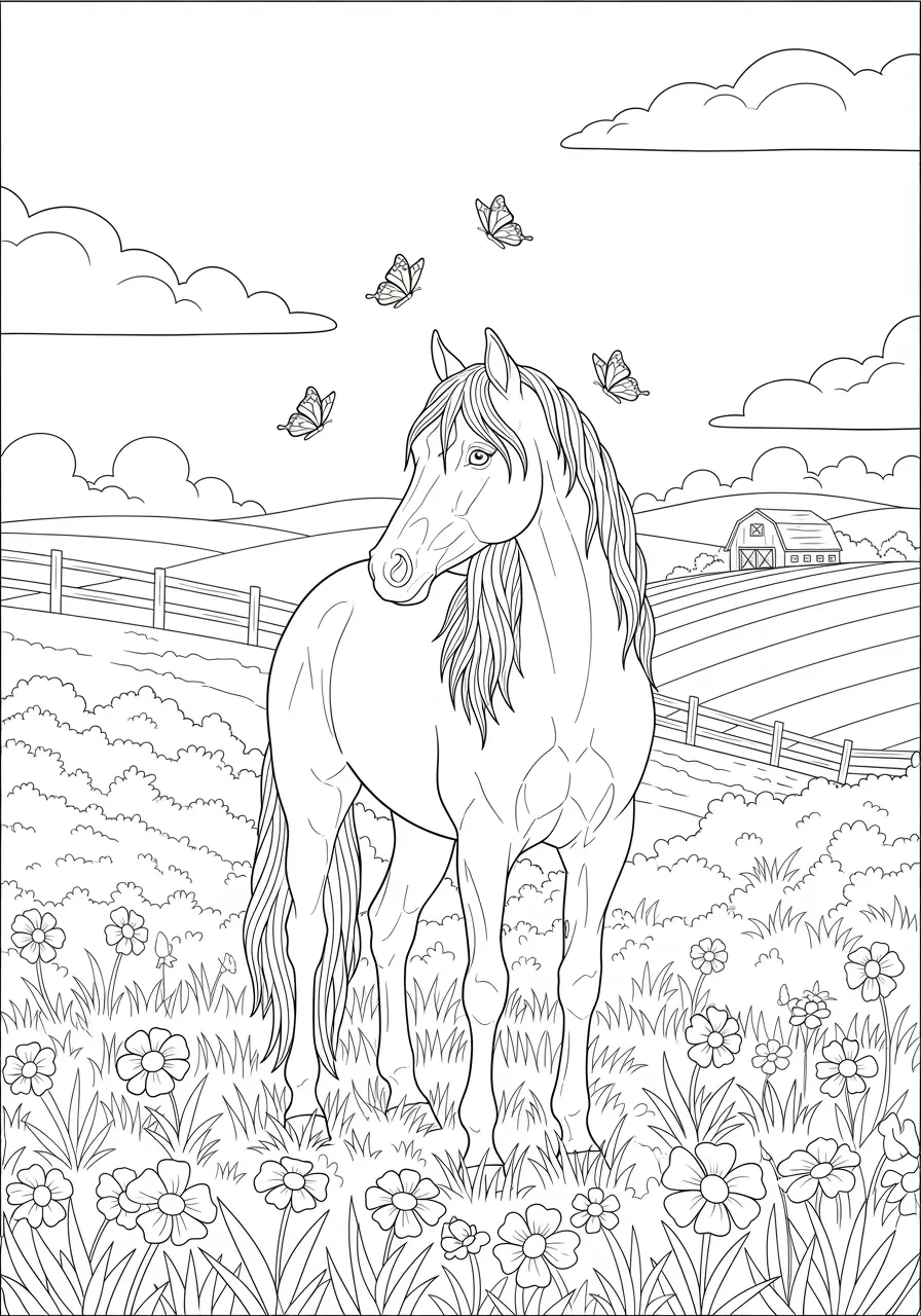Peaceful Meadow Horse Coloring Page