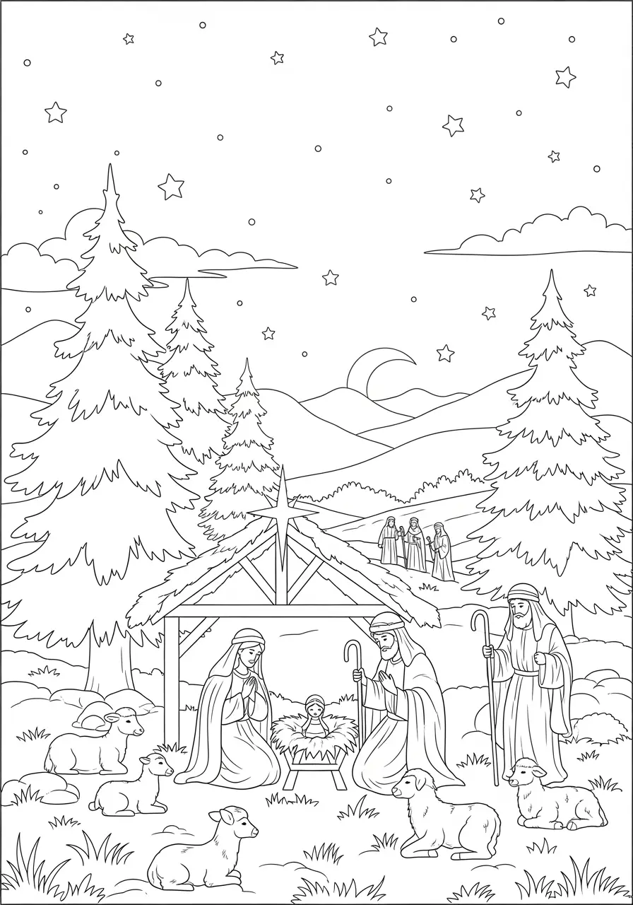 Peaceful Nativity Christmas Coloring Page