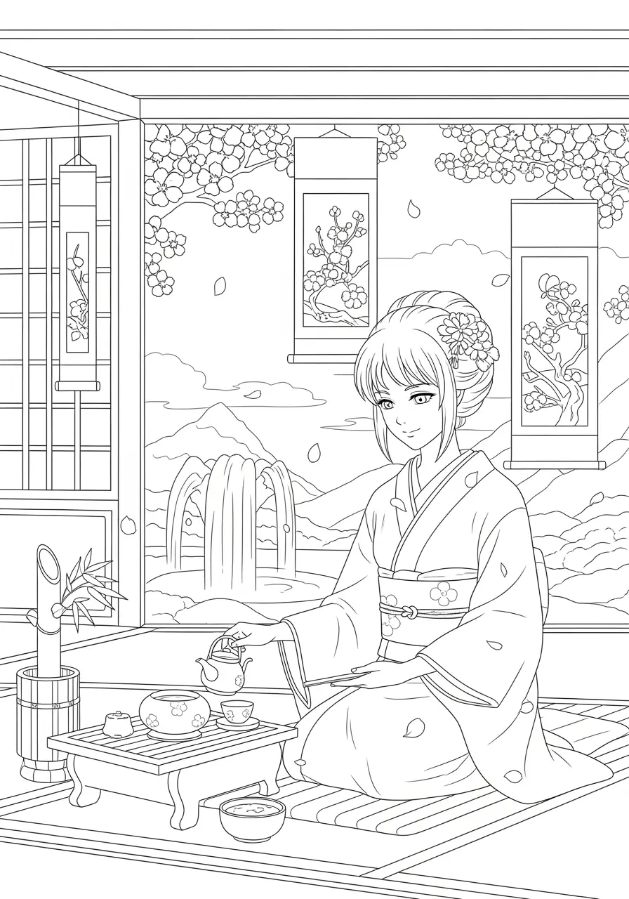 Peaceful Tea Ceremony Anime Coloring Page