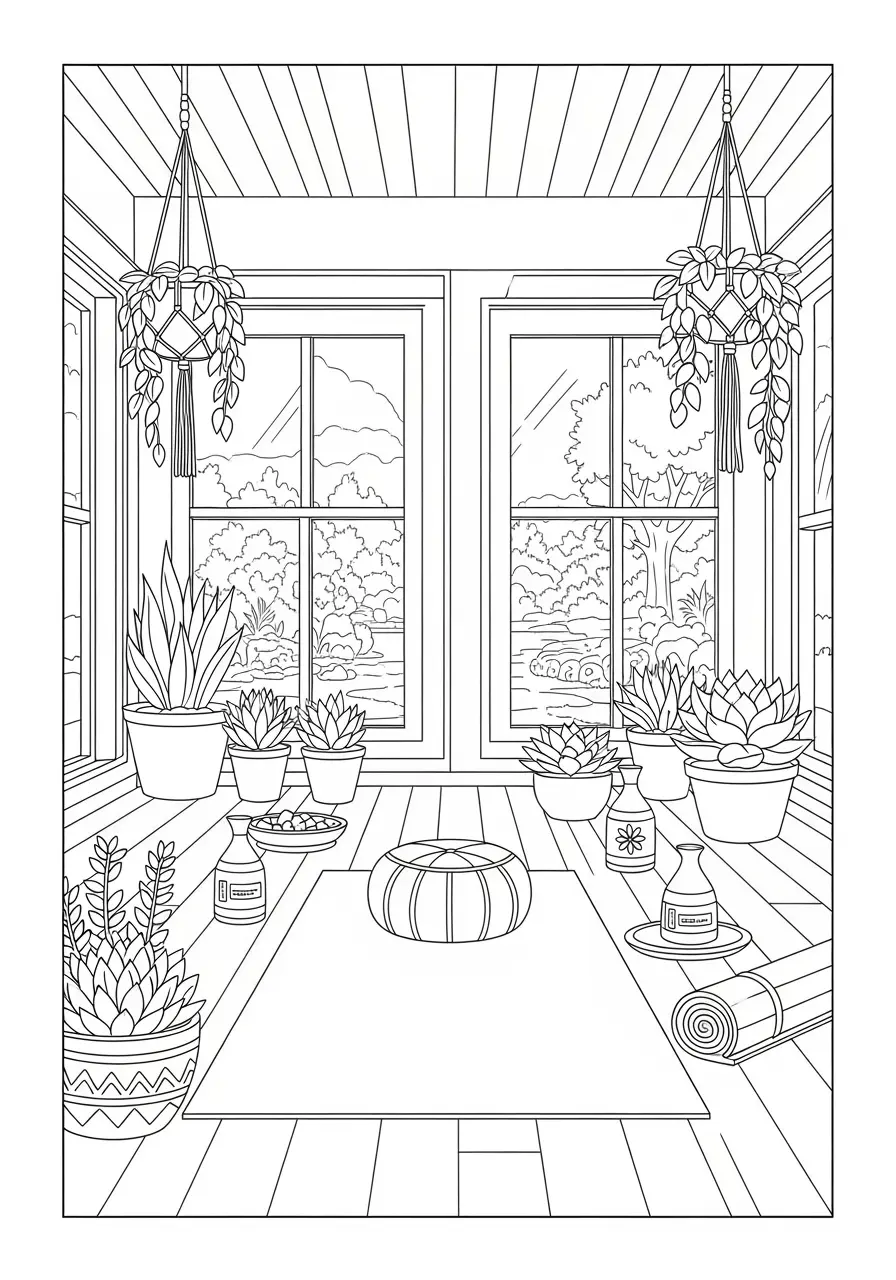 Peaceful Yoga Studio Calming Coloring Page
