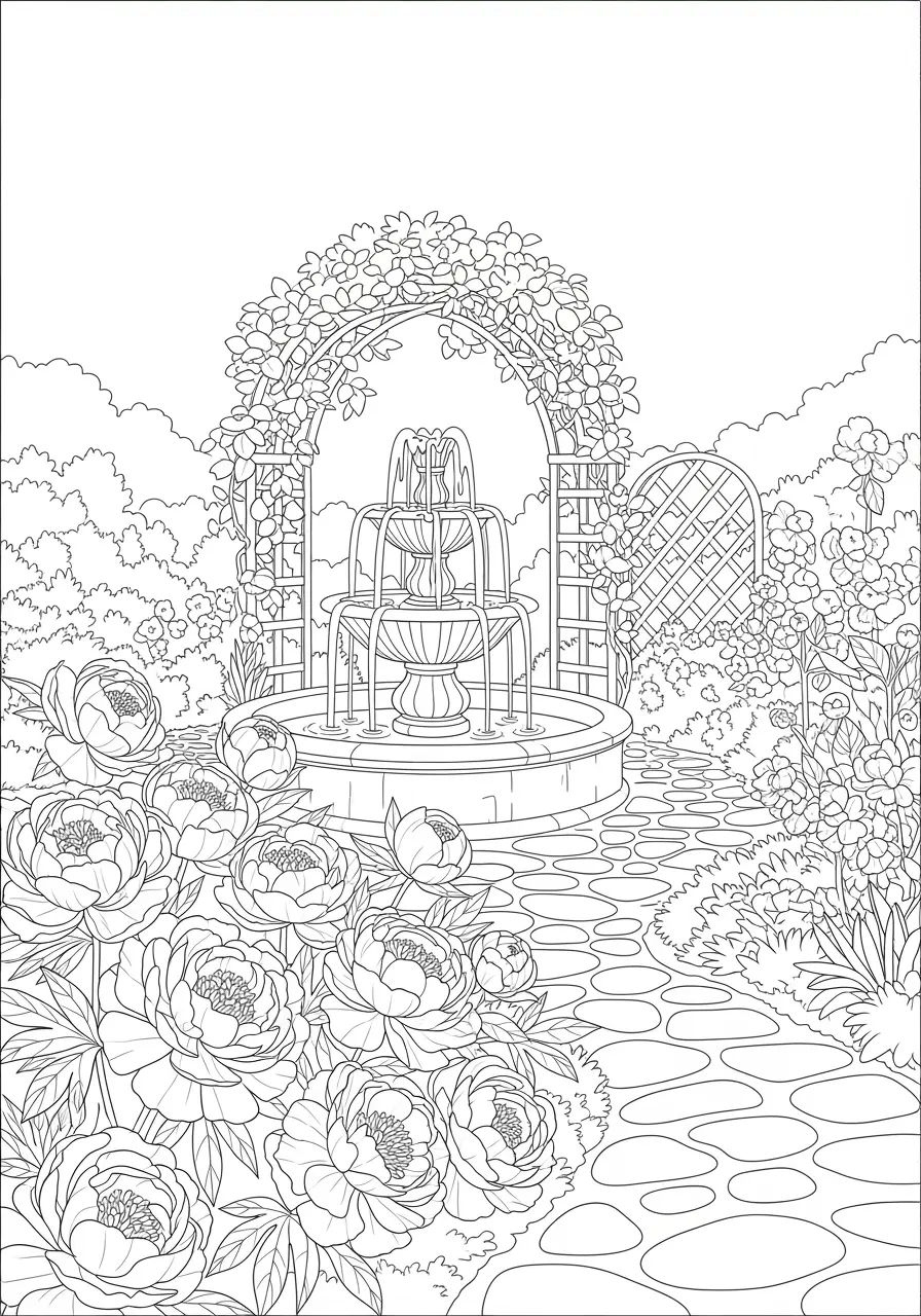 Pfingstrosen-Garten-Ausmalbild