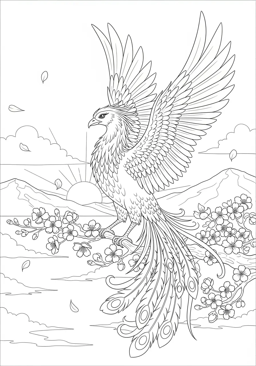 Phoenix Sunrise Fantasy Coloring Page