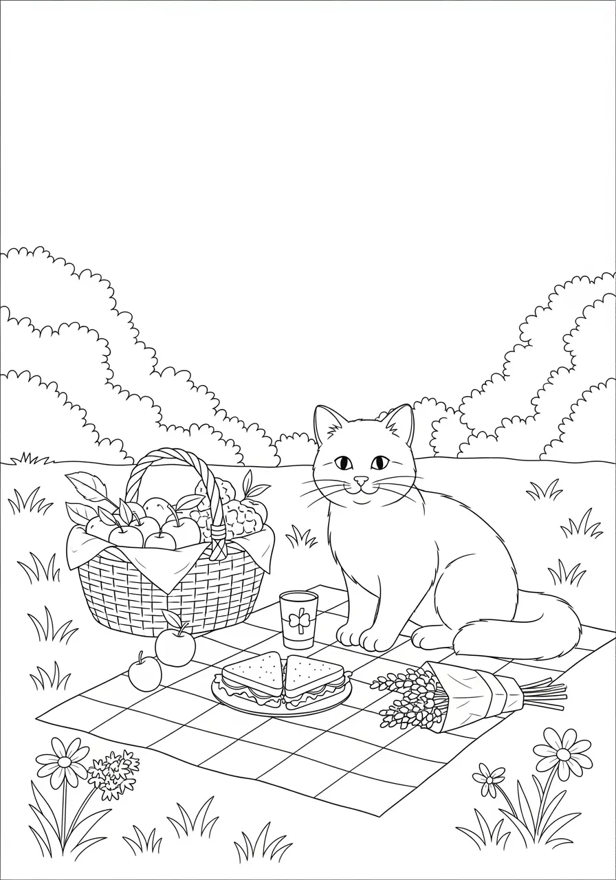 Picnic Cat Coloring Page For Adults